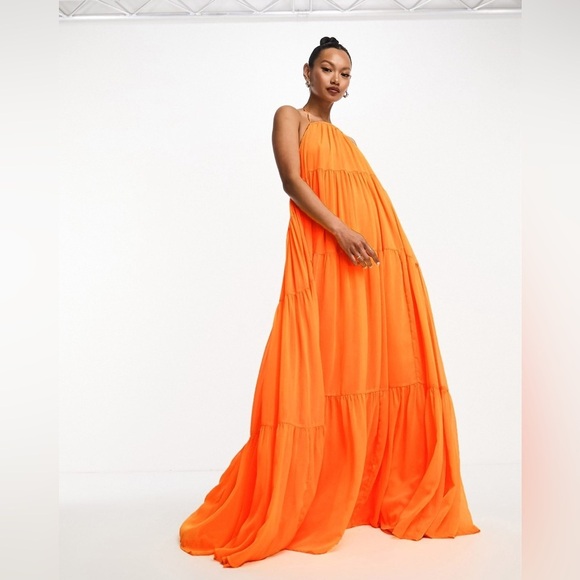 ASOS Dresses & Skirts - ASOS Bright Orange Sheer Over Slip Halter Maxi Dress